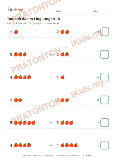 Pratonton muka 1 lembaran Tambah dalam Lingkungan 10 — Matematik Tahun 1