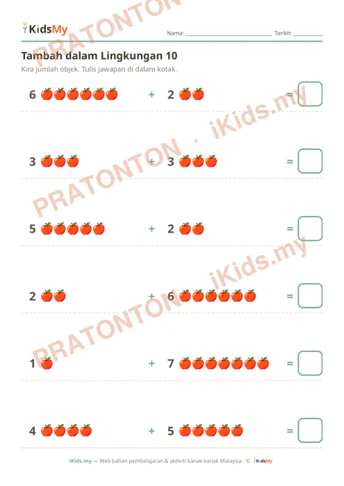 Pratonton muka 2 lembaran Tambah dalam Lingkungan 10 — Matematik Tahun 1