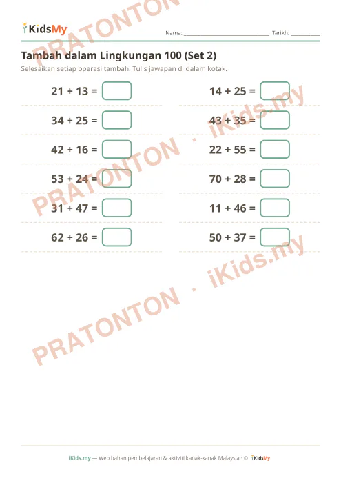 Pratonton muka 1 lembaran Tambah dalam Lingkungan 100 (Set 2) — Matematik Tahun 2