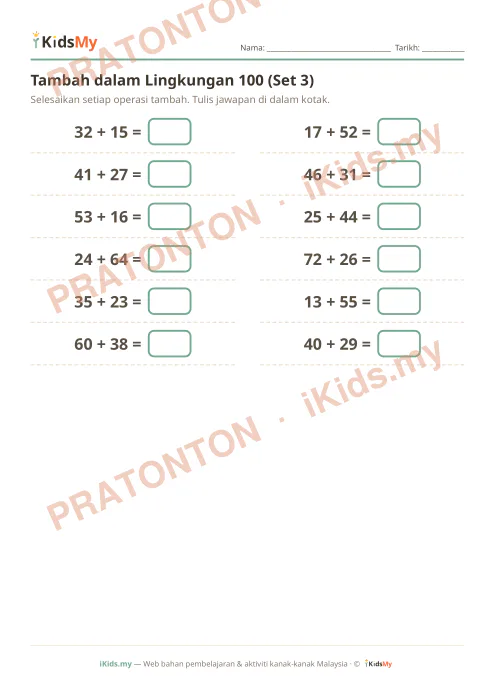 Pratonton muka 1 lembaran Tambah dalam Lingkungan 100 (Set 3) — Matematik Tahun 2