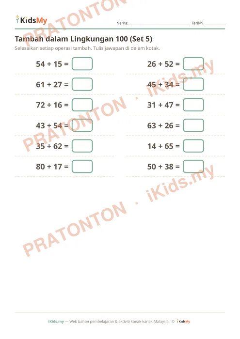 Pratonton muka 1 lembaran Tambah dalam Lingkungan 100 (Set 5) — Matematik Tahun 2