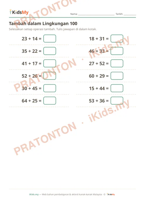 Pratonton muka 1 lembaran Tambah dalam Lingkungan 100 — Matematik Tahun 2
