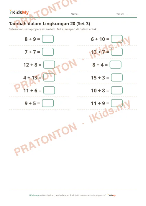 Pratonton muka 1 lembaran Tambah dalam Lingkungan 20 (Set 3) — Matematik Tahun 1