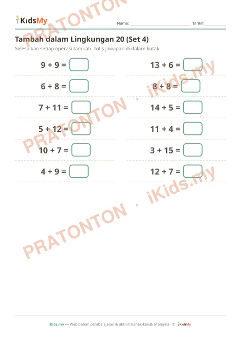 Pratonton muka 1 lembaran Tambah dalam Lingkungan 20 (Set 4) — Matematik Tahun 1