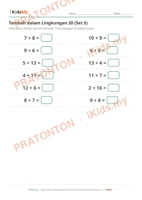 Pratonton muka 1 lembaran Tambah dalam Lingkungan 20 (Set 5) — Matematik Tahun 1