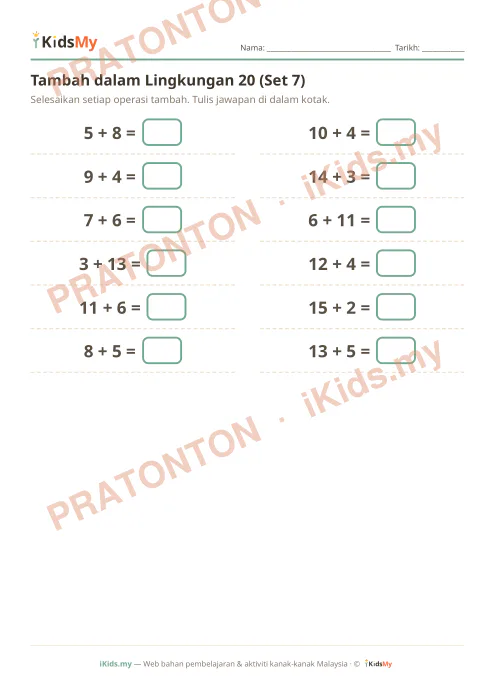 Pratonton muka 1 lembaran Tambah dalam Lingkungan 20 (Set 7) — Matematik Tahun 1