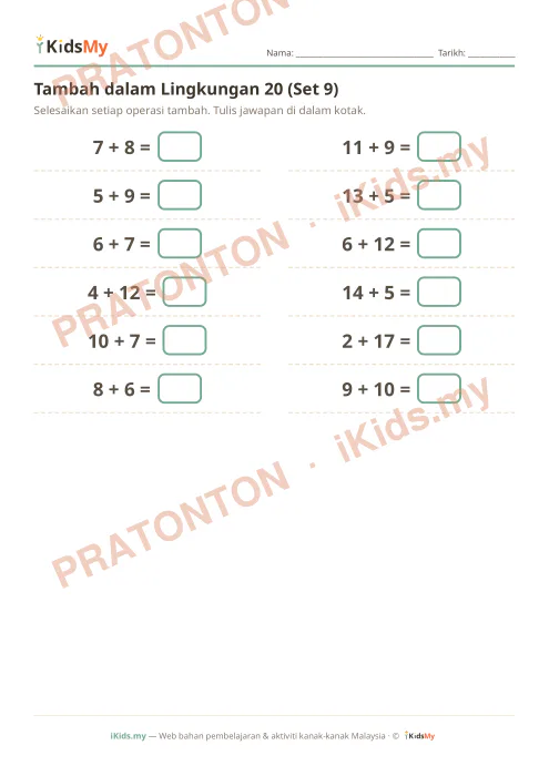 Pratonton muka 1 lembaran Tambah dalam Lingkungan 20 (Set 9) — Matematik Tahun 1