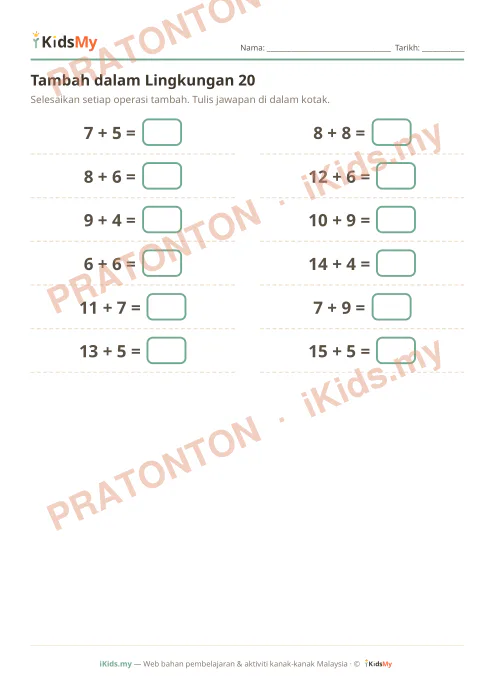 Pratonton muka 1 lembaran Tambah dalam Lingkungan 20 — Matematik Tahun 1