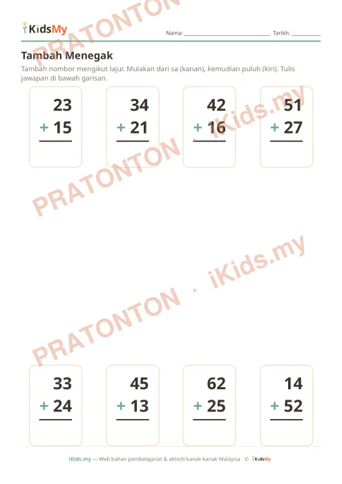 Pratonton muka 1 lembaran Tambah Menegak (2 Digit) — Matematik Tahun 1