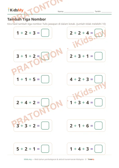 Pratonton muka 1 lembaran Tambah Tiga Nombor — Matematik Tahun 1