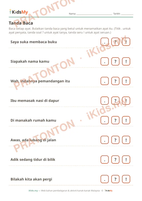 Pratonton muka 1 lembaran Tanda Baca — Bahasa Melayu Tahun 1
