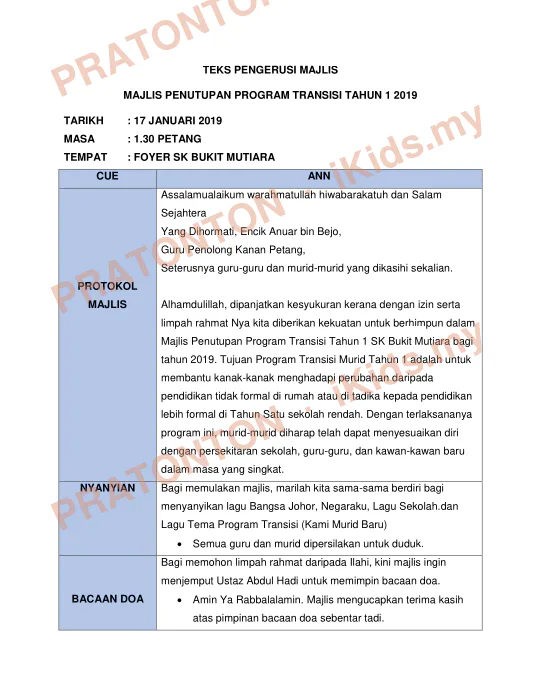 Pratonton muka 1 lembaran TEKS PENGERUSI MAJLIS — Matematik Tahun 1