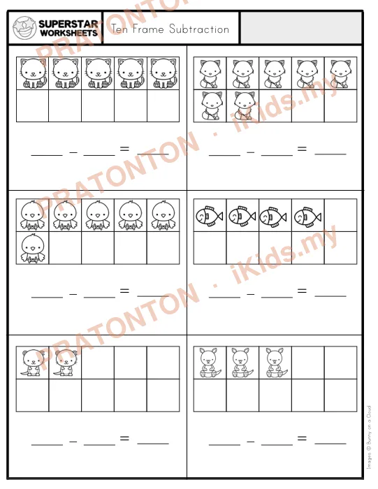 Pratonton muka 1 lembaran Ten Frame Subtraction — Matematik Tahun 1