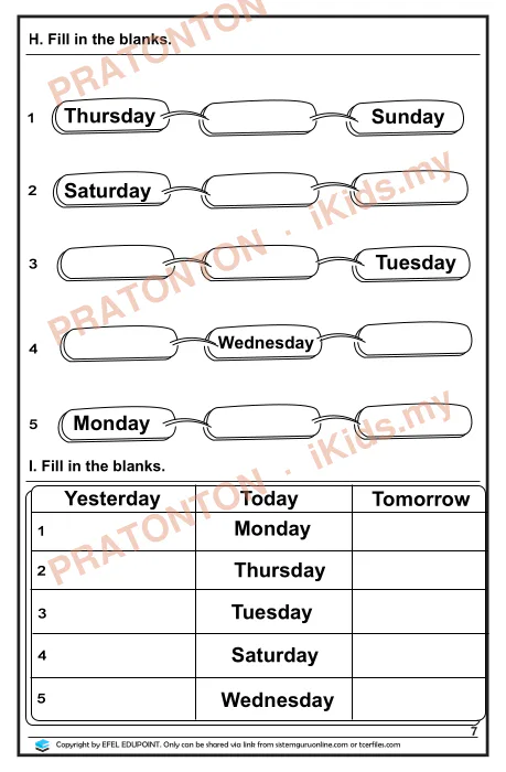 Pratonton muka 1 lembaran Thursday — Bahasa Inggeris Tahun 1