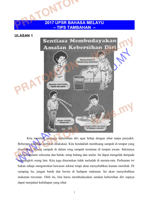 Pratonton muka 1 lembaran Tips Tambahan Bahasa Melayu — Contoh Ulasan — Bahasa Melayu Tahun 6