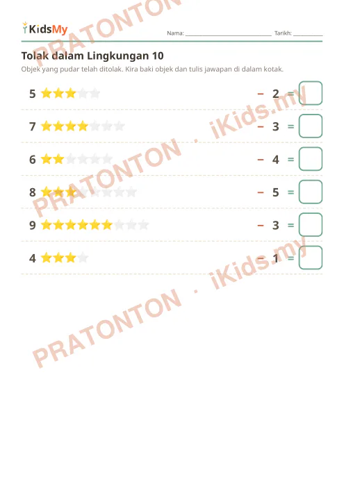 Pratonton muka 1 lembaran Tolak dalam Lingkungan 10 (Set 2) — Matematik Tahun 1