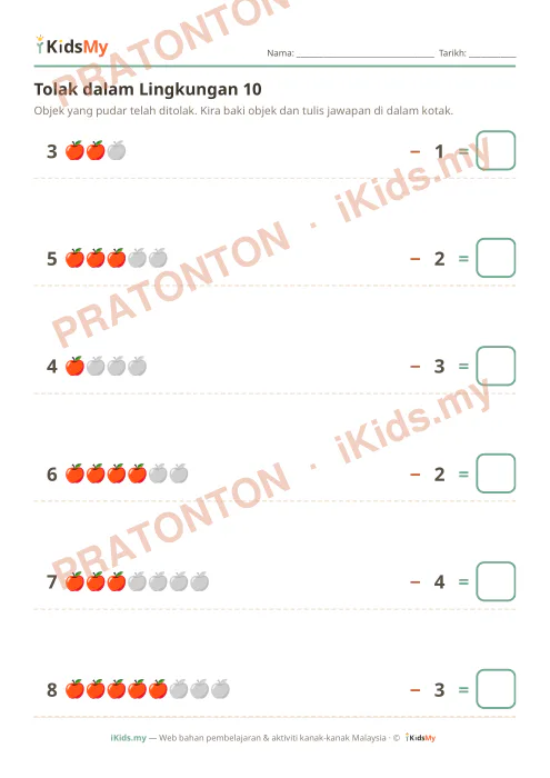 Pratonton muka 1 lembaran Tolak dalam Lingkungan 10 — Matematik Tahun 1