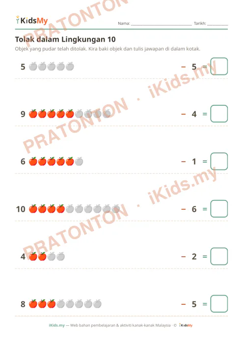 Pratonton muka 2 lembaran Tolak dalam Lingkungan 10 — Matematik Tahun 1