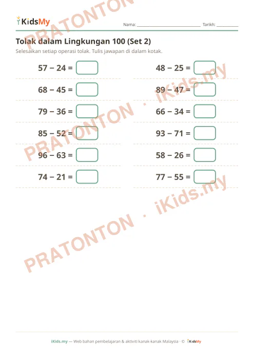 Pratonton muka 1 lembaran Tolak dalam Lingkungan 100 (Set 2) — Matematik Tahun 2
