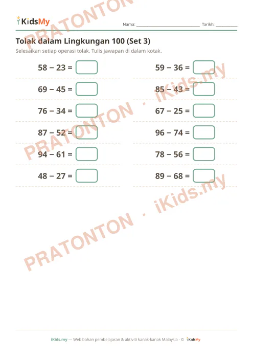Pratonton muka 1 lembaran Tolak dalam Lingkungan 100 (Set 3) — Matematik Tahun 2