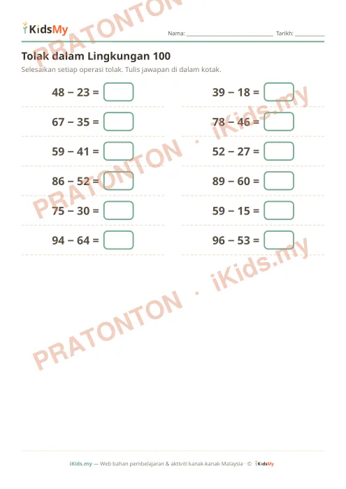 Pratonton muka 1 lembaran Tolak dalam Lingkungan 100 — Matematik Tahun 2