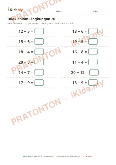 Pratonton muka 1 lembaran Tolak dalam Lingkungan 20 — Matematik Tahun 1