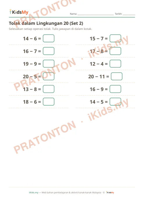 Pratonton muka 1 lembaran Tolak dalam Lingkungan 20 (Set 2) — Matematik Tahun 1