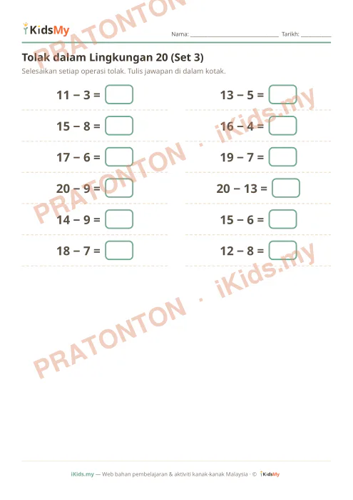 Pratonton muka 1 lembaran Tolak dalam Lingkungan 20 (Set 3) — Matematik Tahun 1