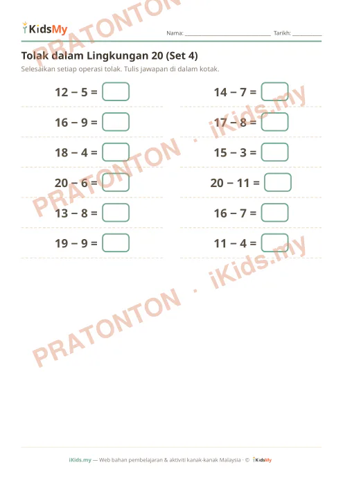 Pratonton muka 1 lembaran Tolak dalam Lingkungan 20 (Set 4) — Matematik Tahun 1