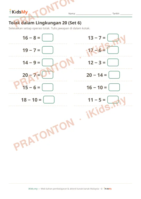 Pratonton muka 1 lembaran Tolak dalam Lingkungan 20 (Set 6) — Matematik Tahun 1