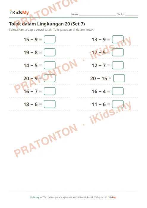 Pratonton muka 1 lembaran Tolak dalam Lingkungan 20 (Set 7) — Matematik Tahun 1