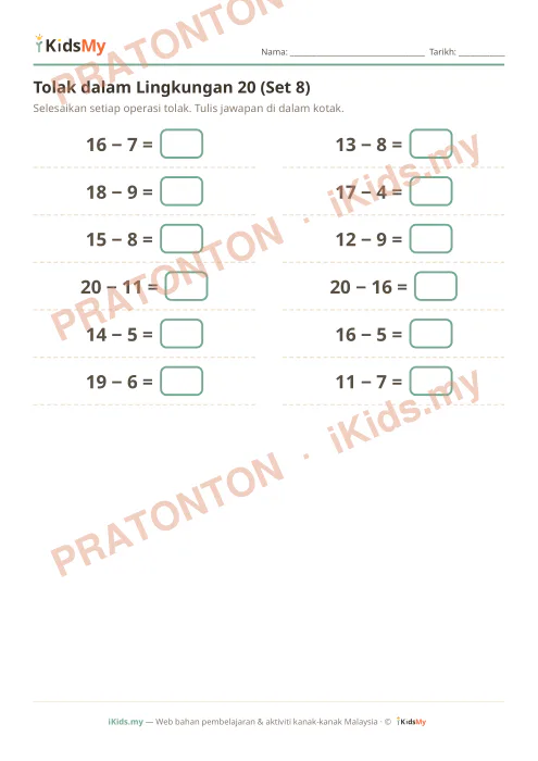 Pratonton muka 1 lembaran Tolak dalam Lingkungan 20 (Set 8) — Matematik Tahun 1