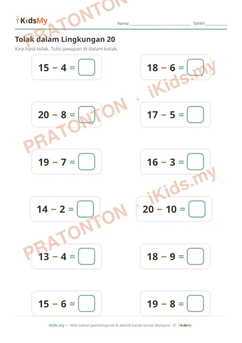 Pratonton muka 1 lembaran Tolak dalam Lingkungan 20 — Matematik Tahun 1
