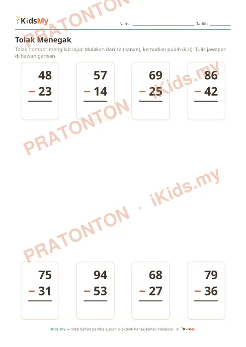 Pratonton muka 1 lembaran Tolak Menegak (2 Digit) — Matematik Tahun 1
