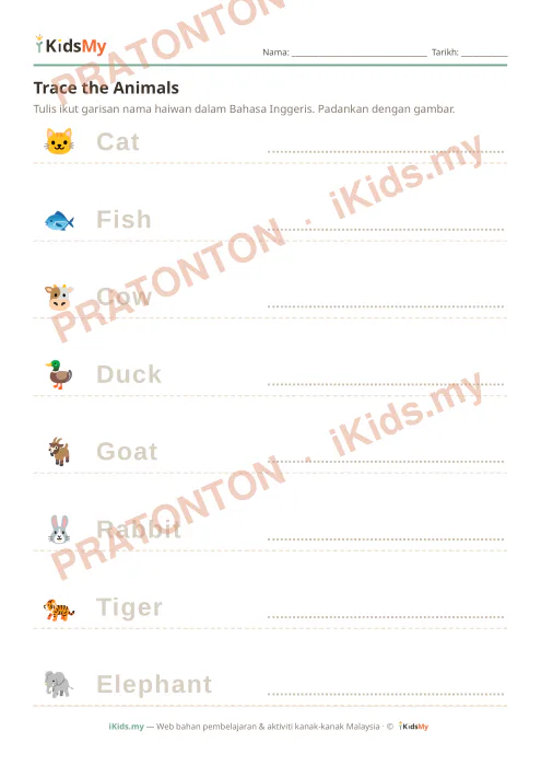 Pratonton muka 1 lembaran Trace the Animals — Bahasa Inggeris Tadika (2-6)