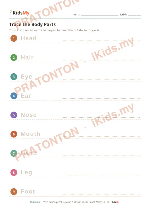 Pratonton muka 1 lembaran Trace the Body Parts — Bahasa Inggeris Tahun 1