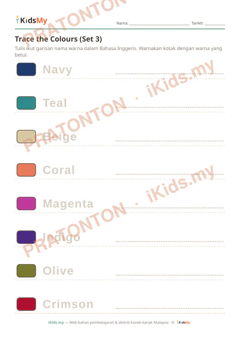 Pratonton muka 1 lembaran Trace the Colours (Set 3) — Bahasa Inggeris Tahun 1