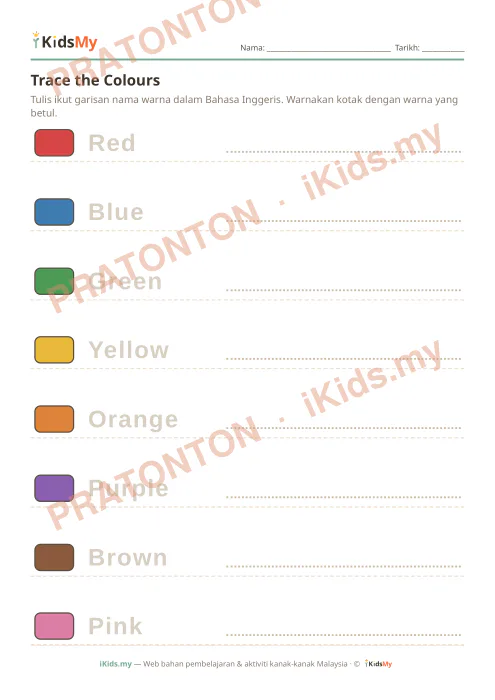 Pratonton muka 1 lembaran Trace the Colours — Bahasa Inggeris Tadika (2-6)