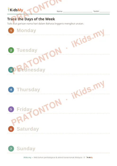 Pratonton muka 1 lembaran Trace the Days of the Week — Bahasa Inggeris Tadika (2-6)