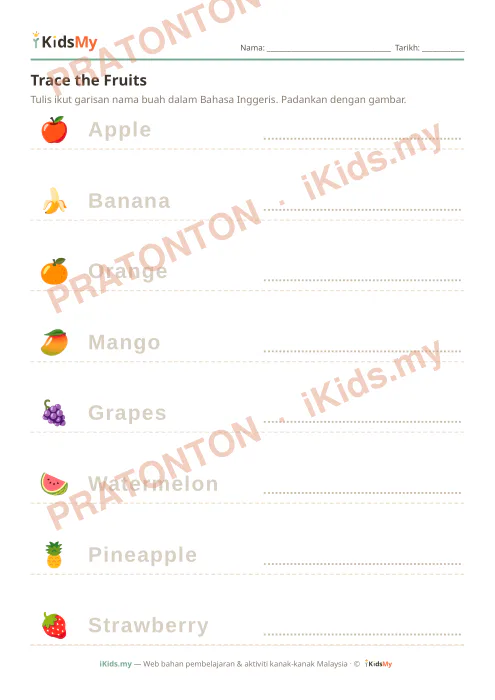 Pratonton muka 1 lembaran Trace the Fruits — Bahasa Inggeris Tadika (2-6)