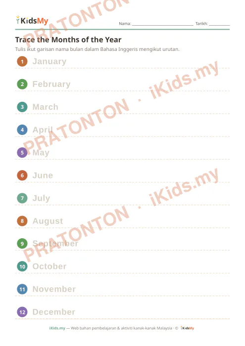 Pratonton muka 1 lembaran Trace the Months of the Year — Bahasa Inggeris Tahun 1