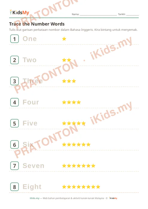 Pratonton muka 1 lembaran Trace the Number Words — Bahasa Inggeris Tadika (2-6)