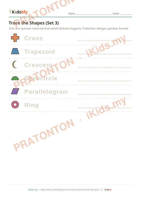 Pratonton muka 1 lembaran Trace the Shapes (Set 3) — Bahasa Inggeris Tahun 1
