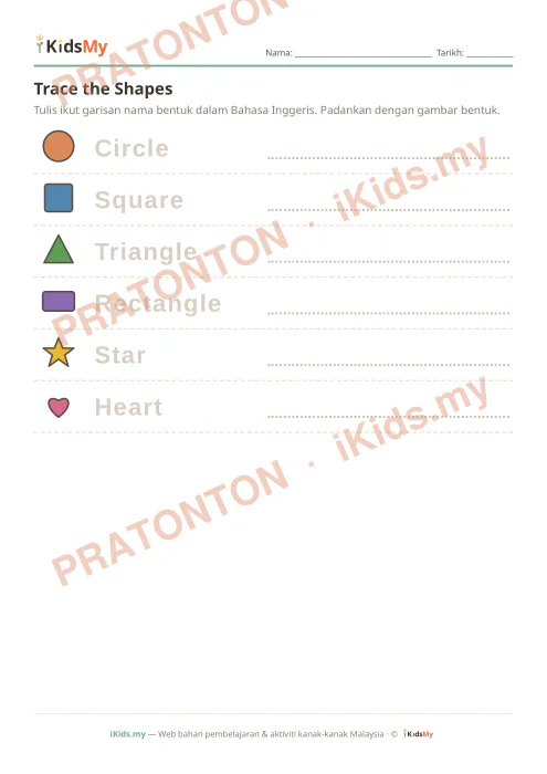 Pratonton muka 1 lembaran Trace the Shapes — Bahasa Inggeris Tadika (2-6)