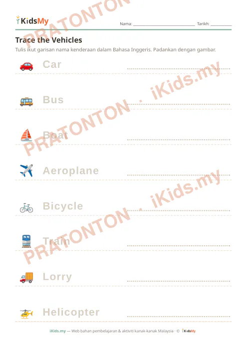 Pratonton muka 1 lembaran Trace the Vehicles — Bahasa Inggeris Tadika (2-6)