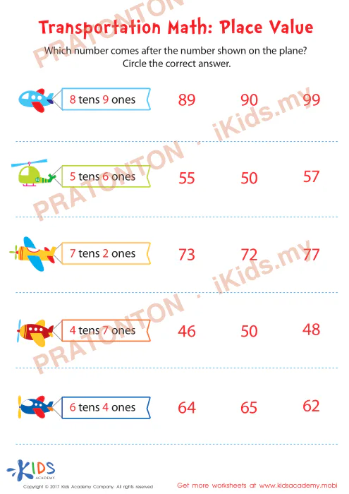 Pratonton muka 1 lembaran Transportation Math: Place Value — Matematik Tahun 1