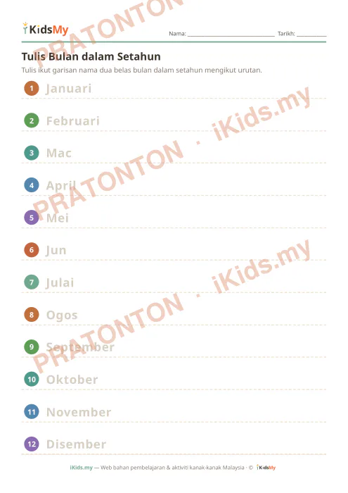 Pratonton muka 1 lembaran Tulis Bulan dalam Setahun — Bahasa Melayu Tahun 1