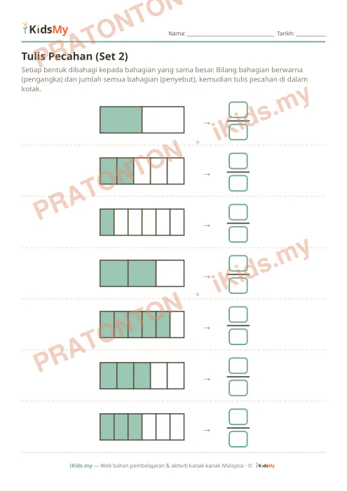 Pratonton muka 1 lembaran Tulis Pecahan (Set 2) — Matematik Tahun 3