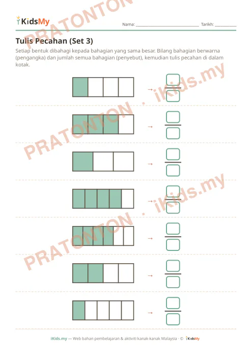 Pratonton muka 1 lembaran Tulis Pecahan (Set 3) — Matematik Tahun 3