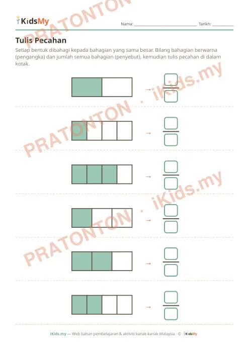 Pratonton muka 1 lembaran Tulis Pecahan — Matematik Tahun 2